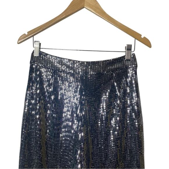 JLUXLABEL Silver Metallic Sequins Front Pleated Trousers Pants Wide-Leg Lined - Picture 7 of 11